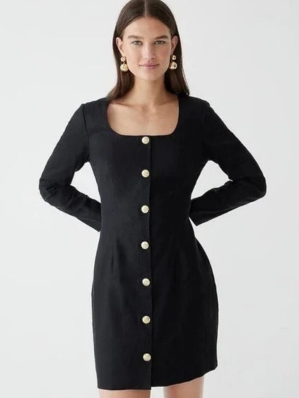 J. Crew Black Square-Neck Long-Sleeve Linen Blend Button-Front Mini Dress Size 2
